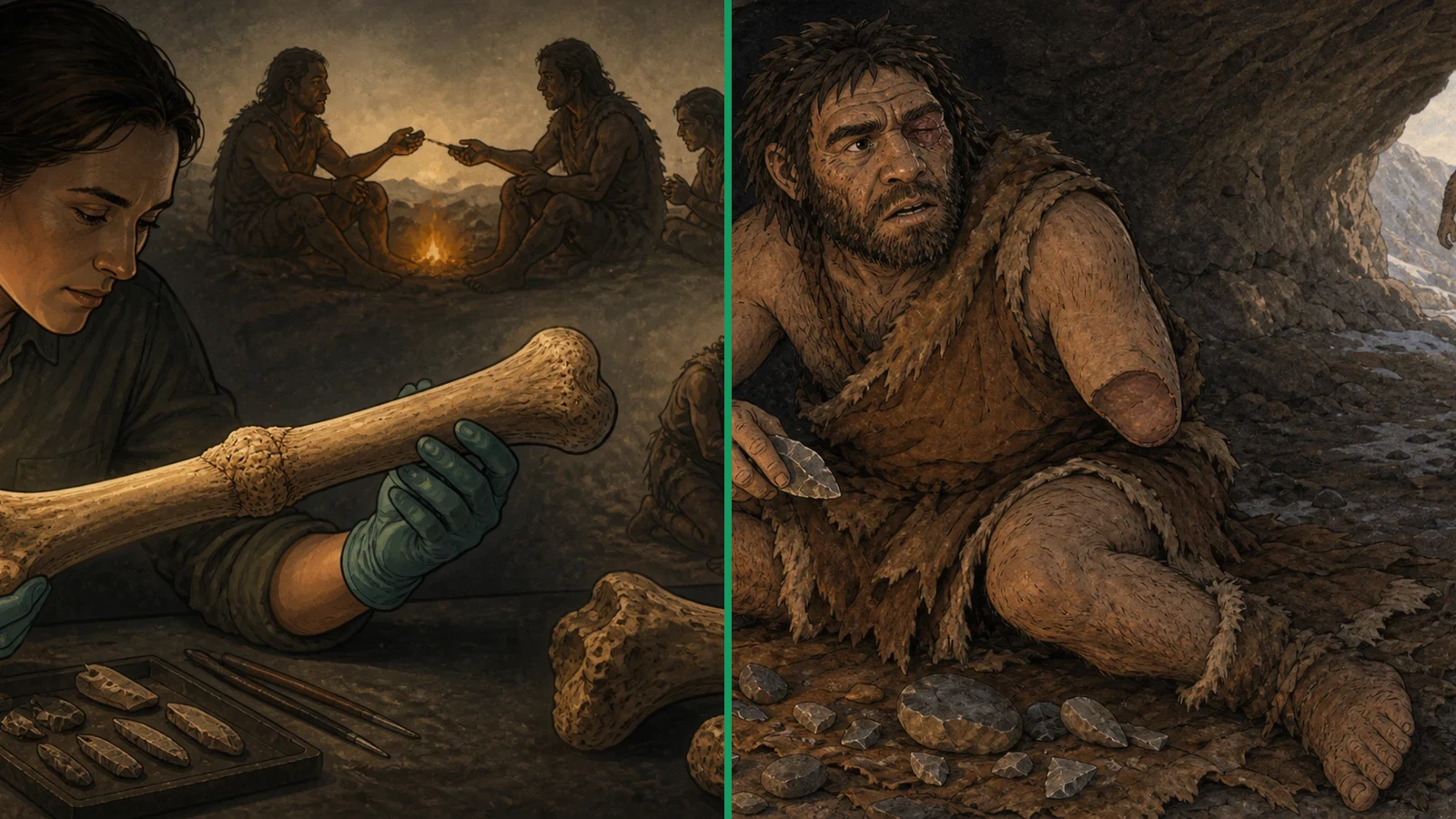 Two AI-generated frames used to test the channel's visual direction: archaeological research and a prehistoric cave scene