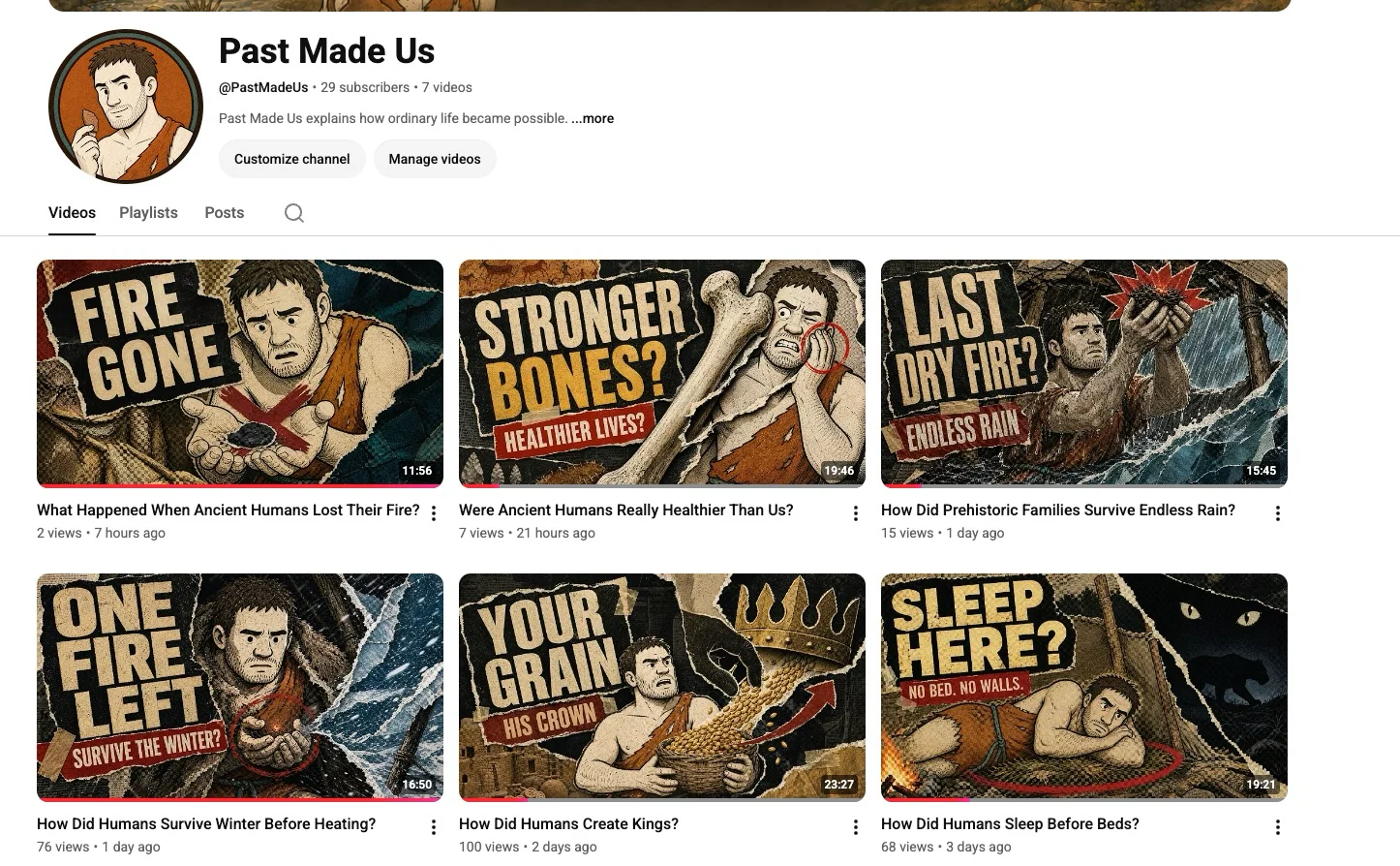 Past Made Us channel page showing seven English history videos with a consistent vintage-comic thumbnail style